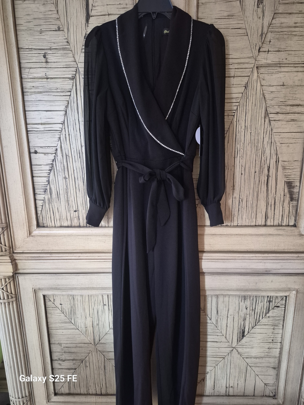 Black Long-Sleeve Straight-Leg Jumpsuit with Wrap Front and Waist Tie
